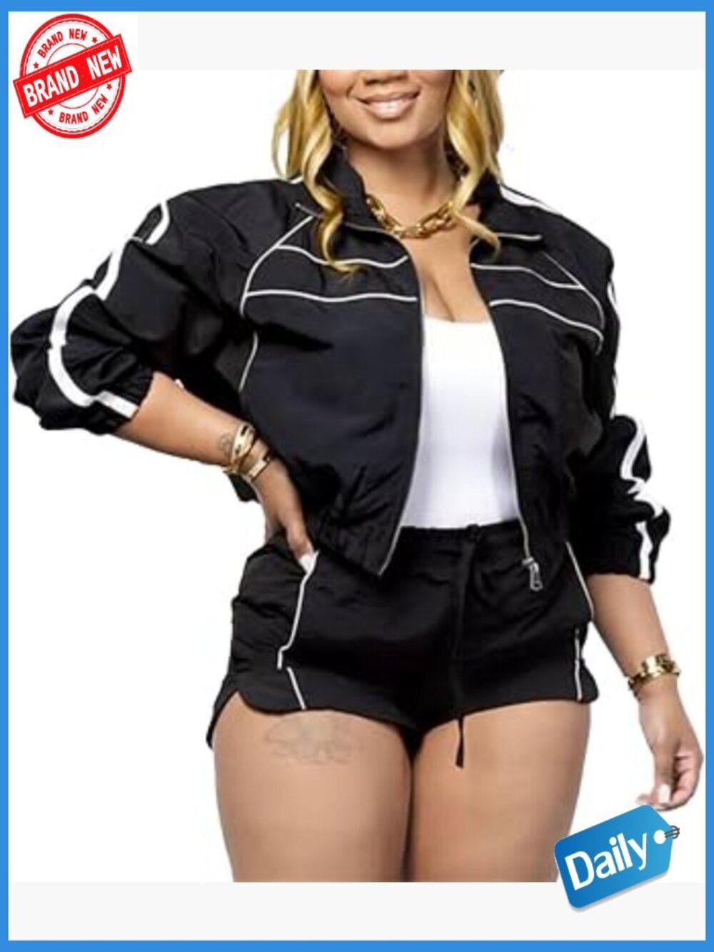 2 Piece Workout Set Zip Up Cropped Jacket & Jogger Shorts